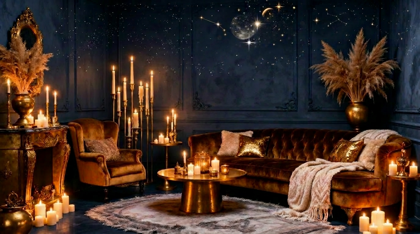 Bohemian luxury interior with warm gold candlelight